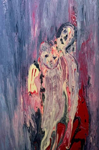 joined at the hip painting, red, purple, pink, black, togetherness art, twin art, colorful art, figurative abstract art, modern painting, contemporary modern painting, connected figures art, interlocked figures painting, strong connection art, magnetic connection art, love art, kinship painting, den art, bedroom art, office art, vibrant painting