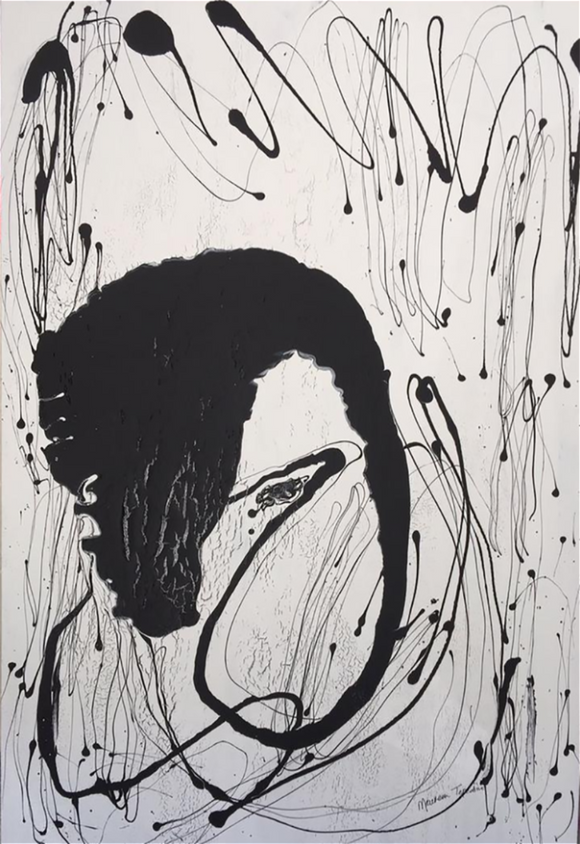 deep in thought, black and white, figurative art, elvis art, prince art, abstract expressionism, abstract figurative art, man art, face of a man, thinking art, pondering art, thoughtful art, white, black, brushstrokes, acrylic art, acrylic on canvas