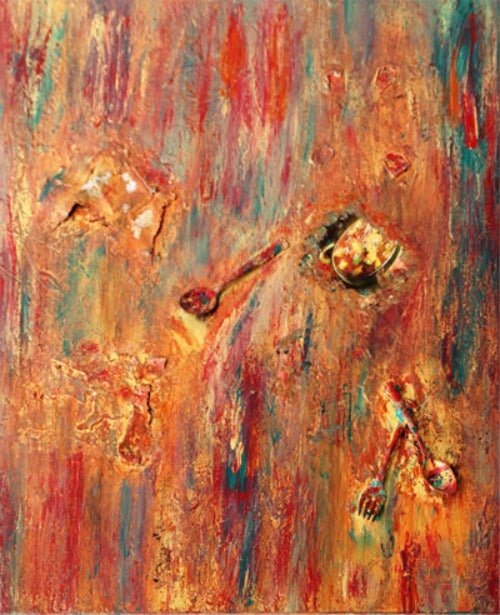 Let's Eat $1,300 - Design By MaureenLet's Eat $1,300 - Design By Maureen gourmet cooking art, chef painting, cooking together canvas, culinary artwork, cooking inspiration art, kitchen tool art, chef's tools portrait, culinary delight painting, dining room artlet's cook art, kitchen art, mixed media art, utensil art, spoon art, orange, bright colored art, abstract figurative art, eating art, food scene art, kitchen ambiance art