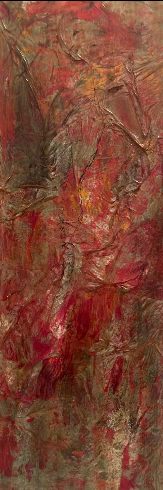 Love Your Horse $1,500 - Design By MaureenLove Your Horse $1,500 - Design By Maureen abstract art, mixed media artwork, vertical painting, red, brown, warm colored art, fall color art, horse lover art, horse love art, rider's devotion art, loving horse scene, abstract art scene, figurative art, contemporary figurative art, caring for horses painting, equine affection artwork, horse love art